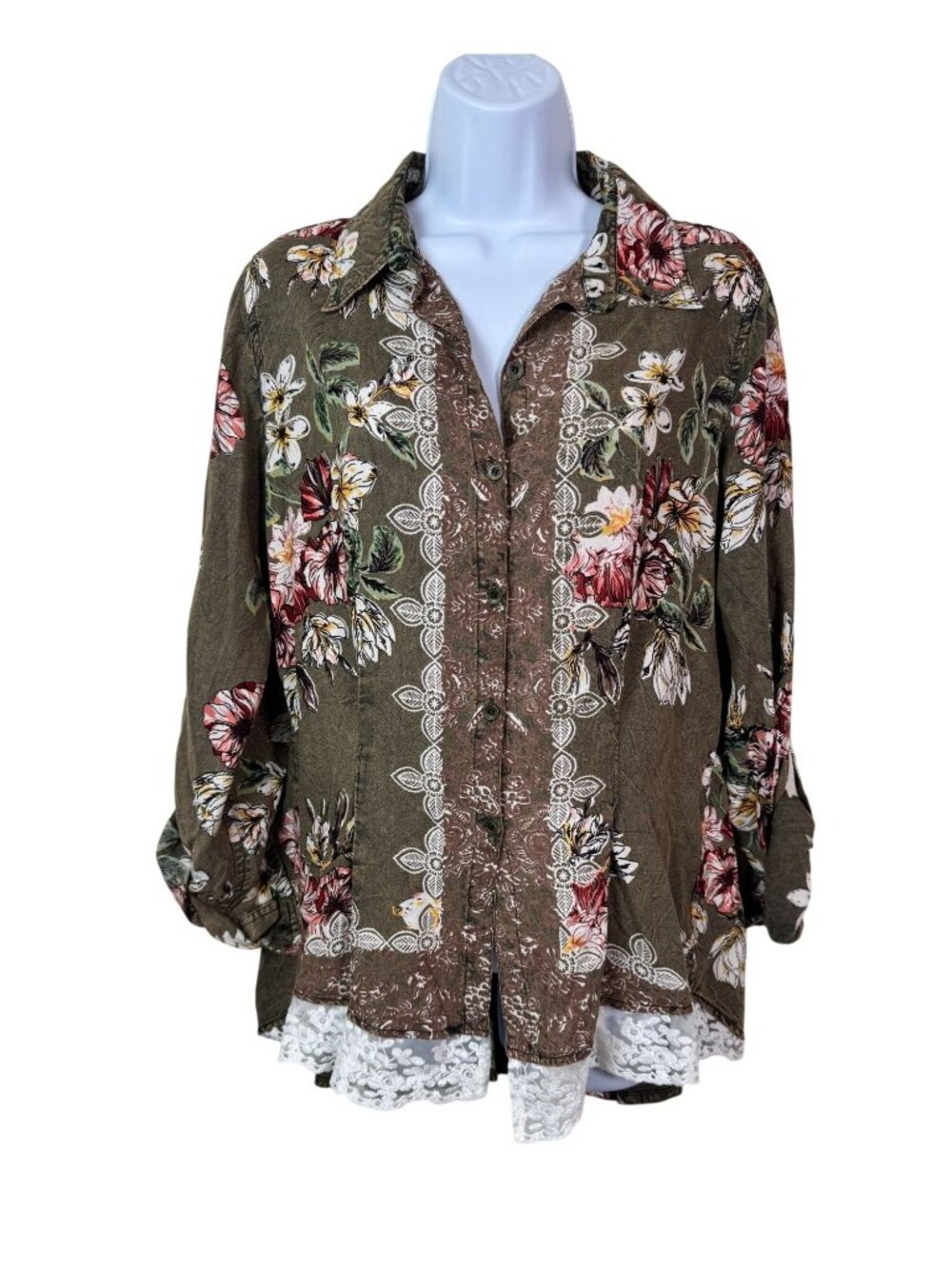 Lola P Floral Button Up Blouse Lace Hem Long Sleeves Boho Size Medium Lagenlook